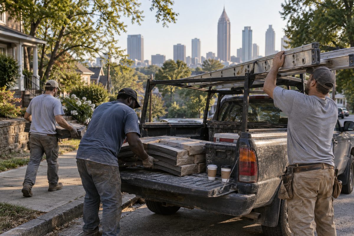 Roofing crew loading a ladder and shingle bundles onto their truck in the morning