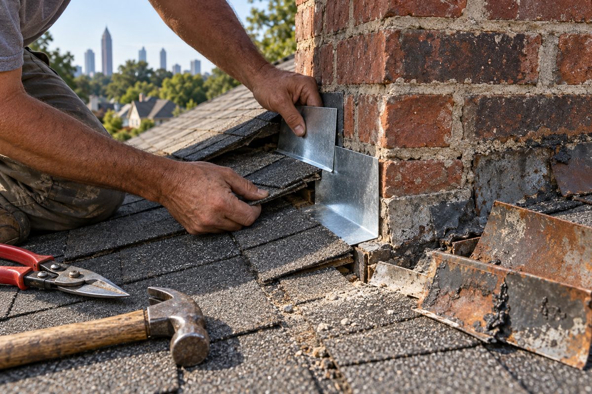 Roofer fitting new step flashing where a shingle roof meets a brick chimney