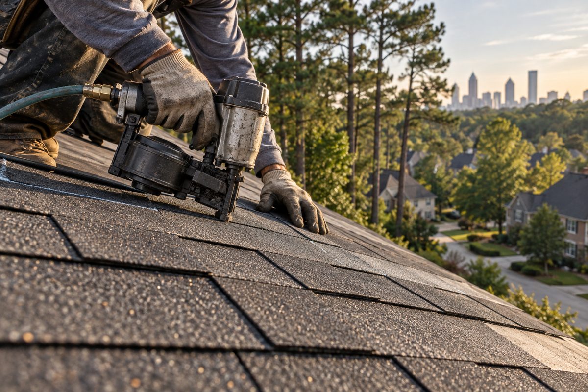 Roofer nailing a new course of architectural shingles on a pitched Atlanta roof