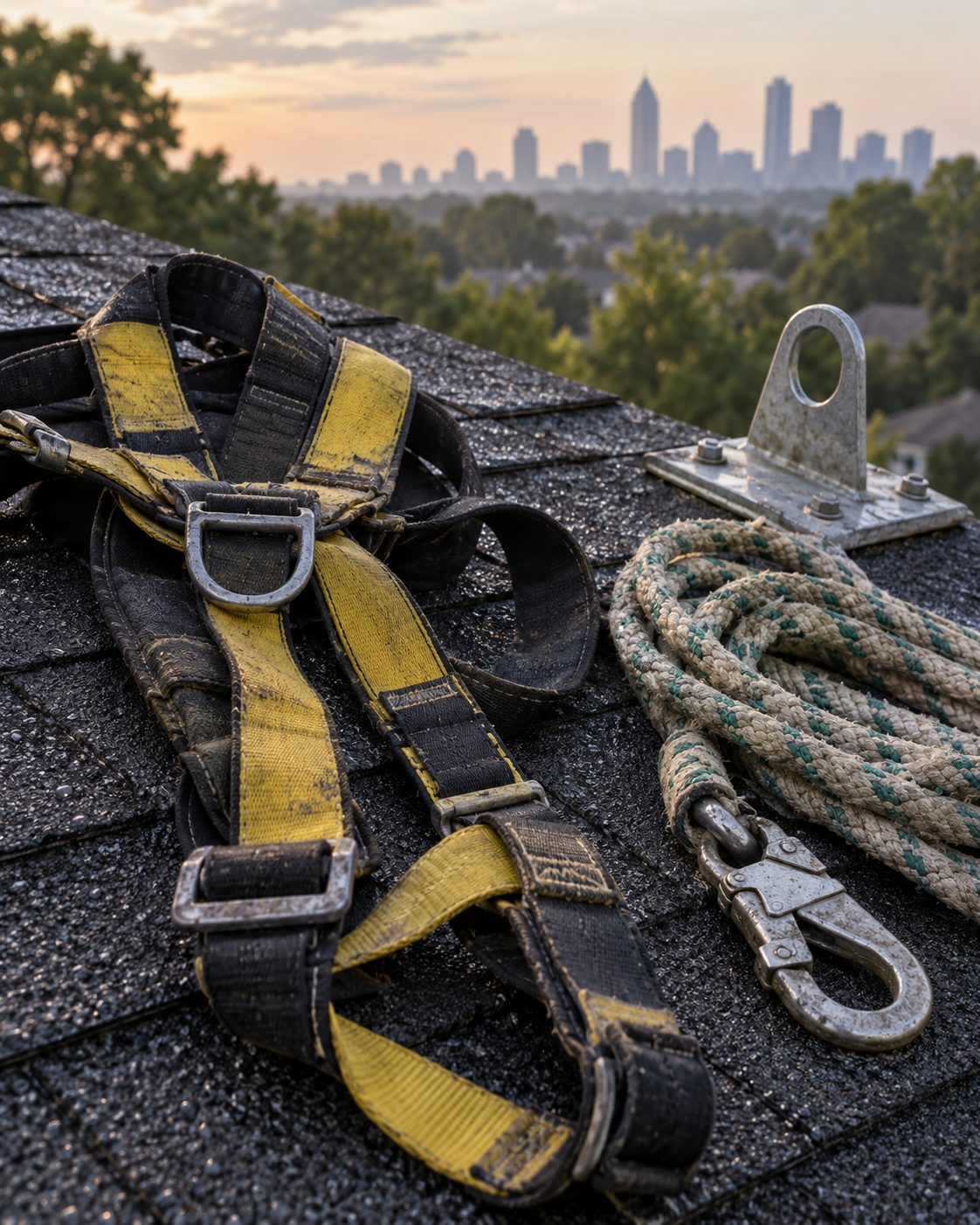 Safety harness, rope and roof anchor laid out on shingles