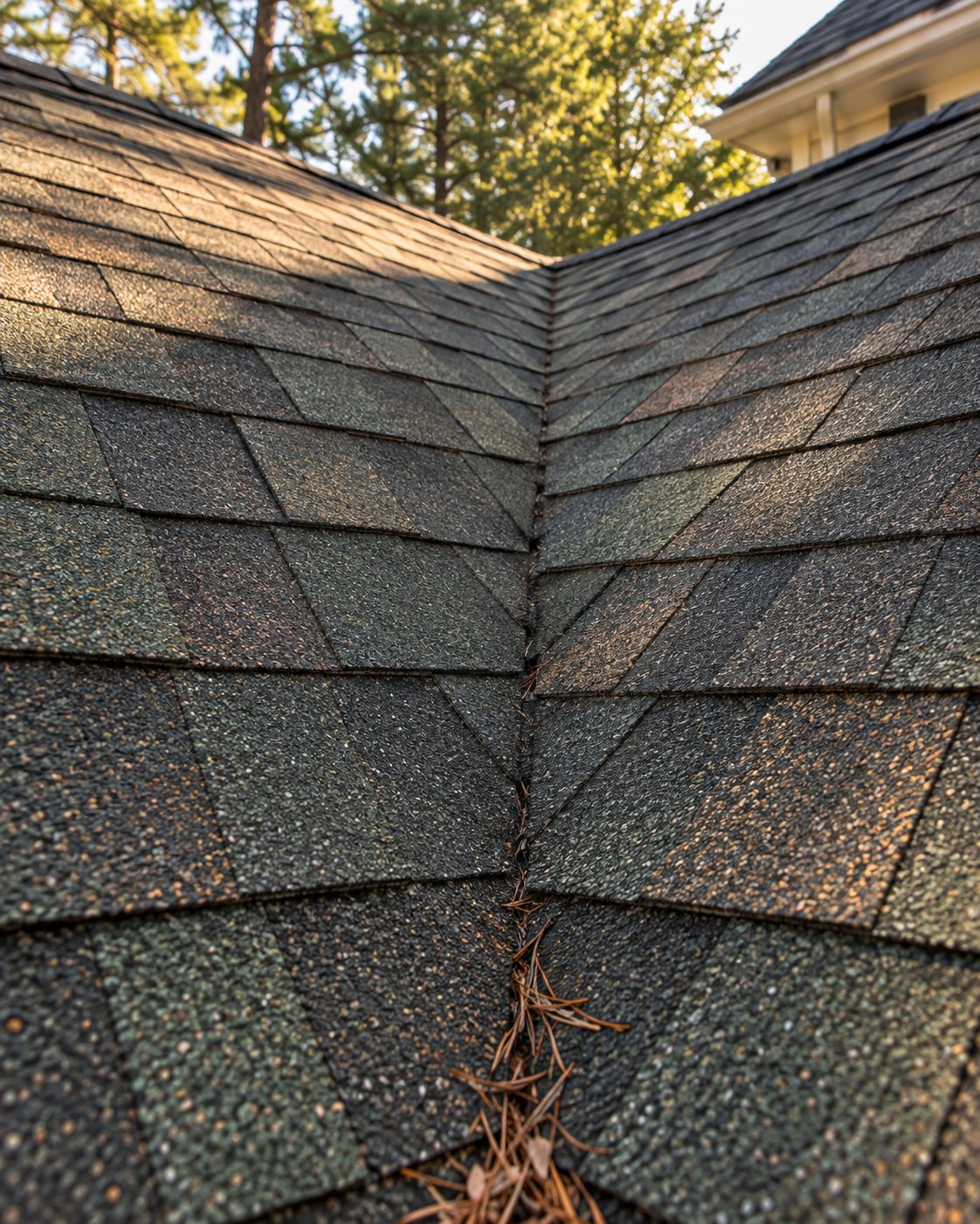 Closed-cut valley where two slopes of new shingles meet