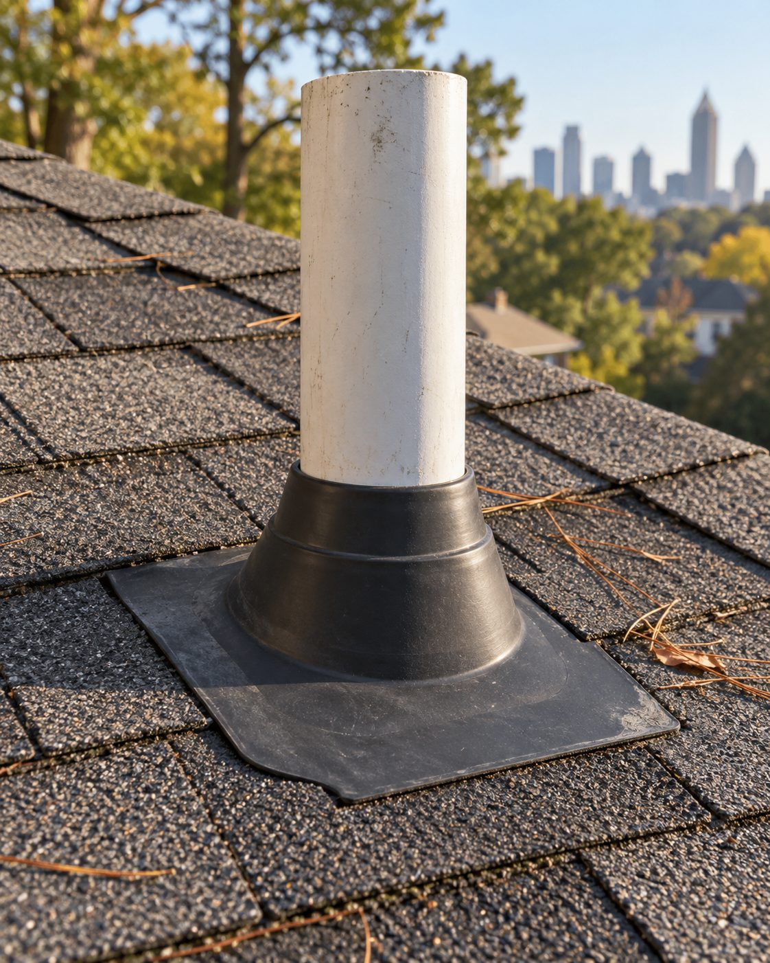 New pipe boot fitted around a vent stack on a shingle roof