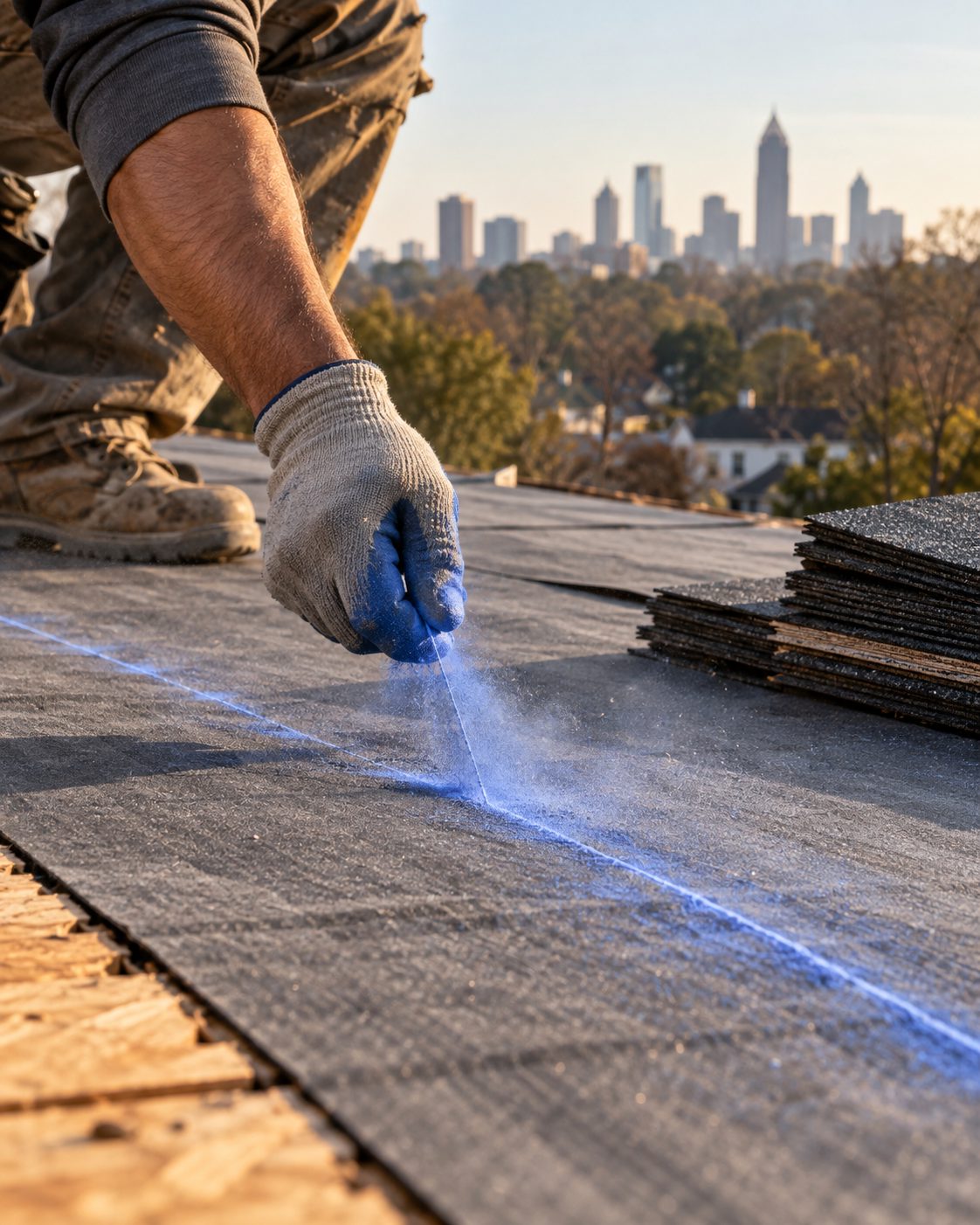 Gloved hand snapping a chalk line across roof underlayment