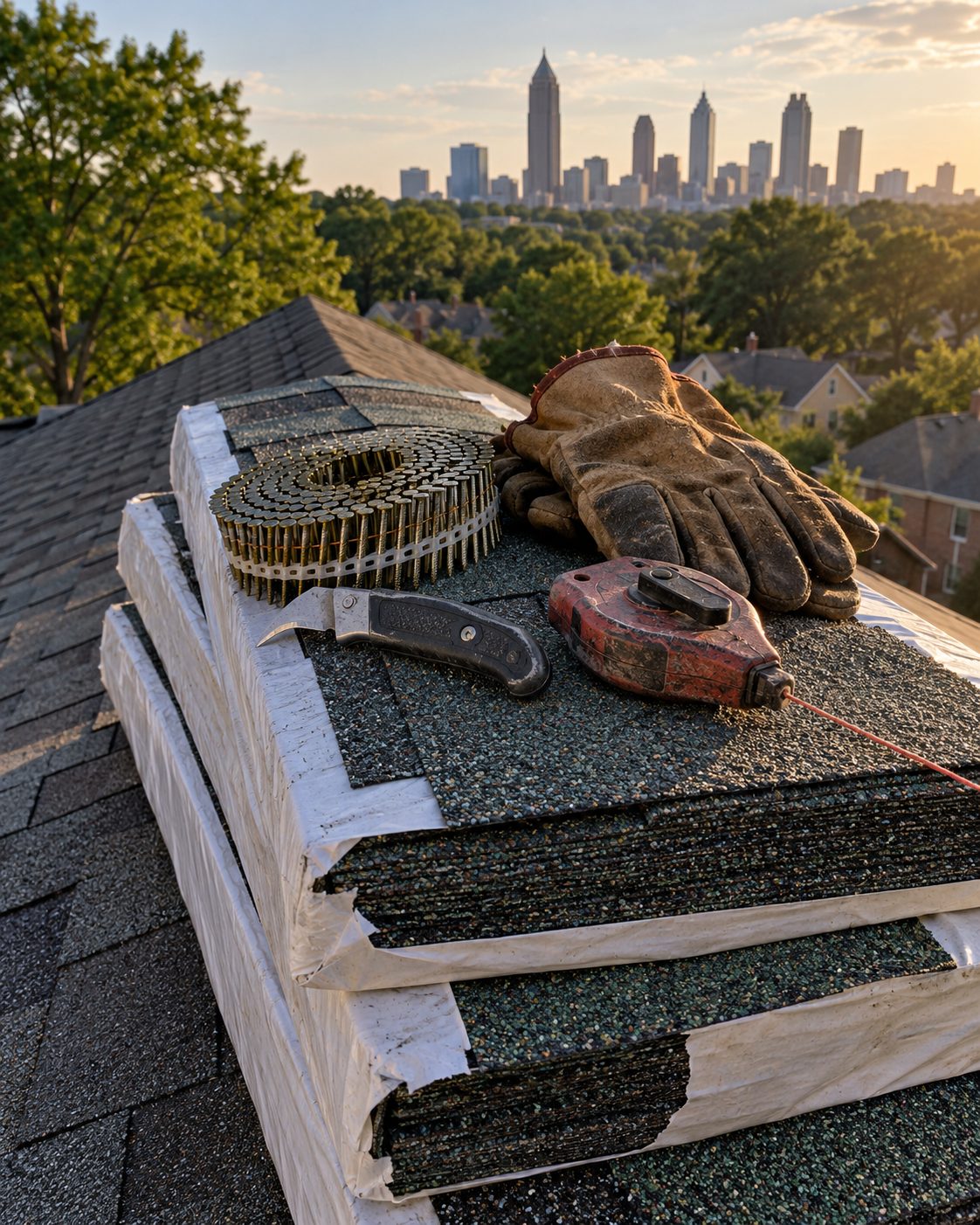 Shingle bundles, roofing nails and hand tools staged on a roof ridge