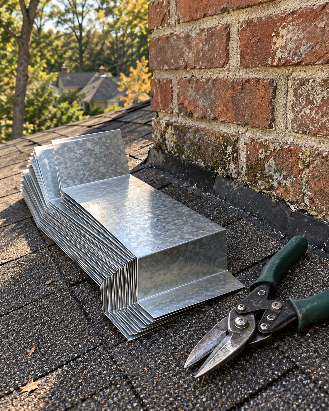 Stack of new galvanized step flashing pieces and tin snips on a roof