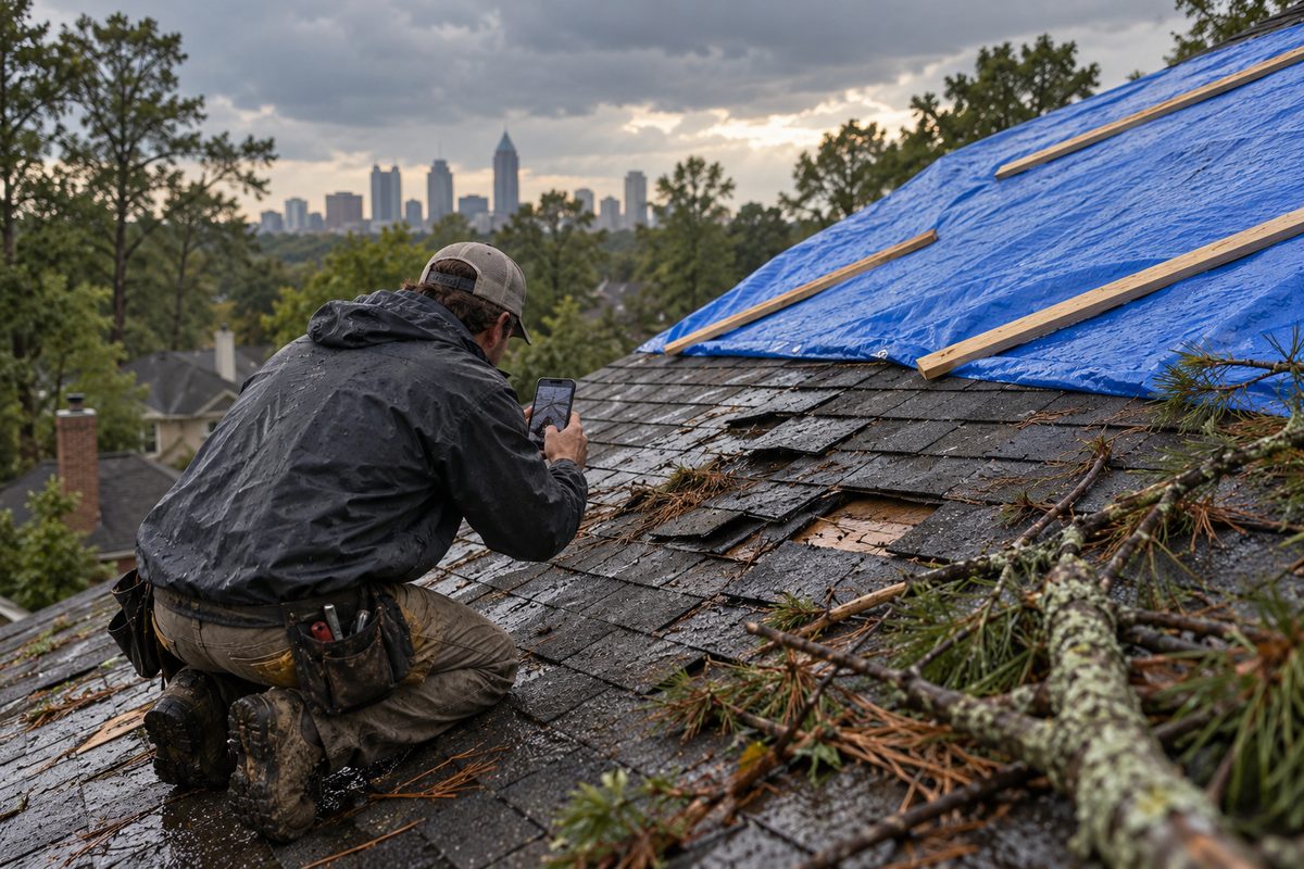 Roofer documenting storm damage beside an emergency tarp on a wet roof
