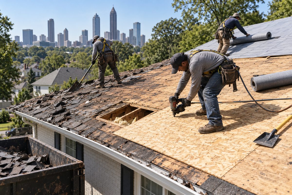 Roof tear-off in progress with rotten decking replaced by a new plywood sheet