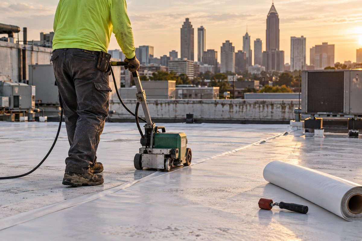 Roofer heat-welding a TPO membrane seam on a commercial flat roof in Atlanta